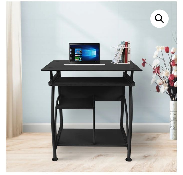 Бюро за лаптоп – компактно със стъклен плот – 70 см x 50 см – черно