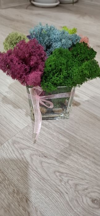 Дървени и стъклени кашпи със скандинавски мъх и цветя