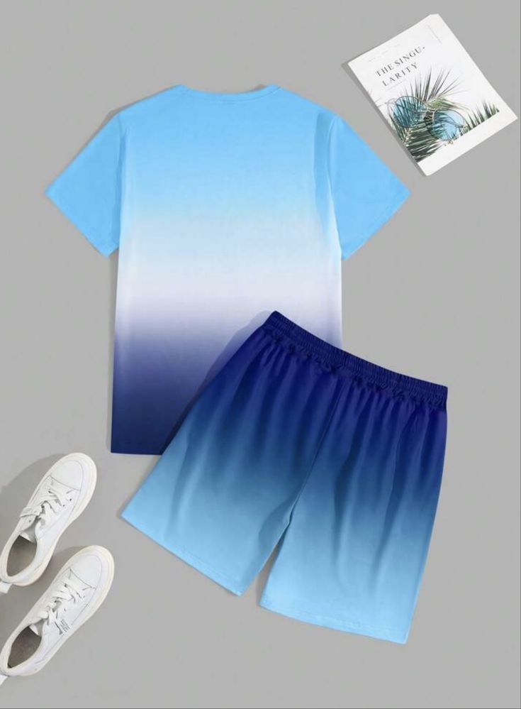 Set vară bărbați tricou şi pantaloni scurți degrade albastru