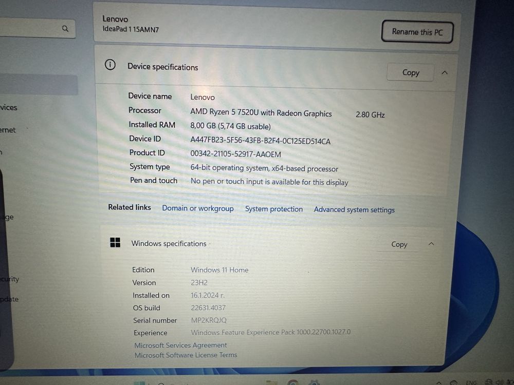 Лаптоп / настолен компютър Lenovo 15’’