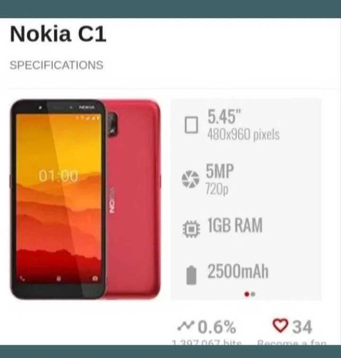 Telefon Nokia C1, ca nou + husa + prinzatoare