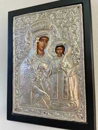 Icoana ortodoxa Maica Domnului Isus prunc ARGINT950 bizantina AthosNOU