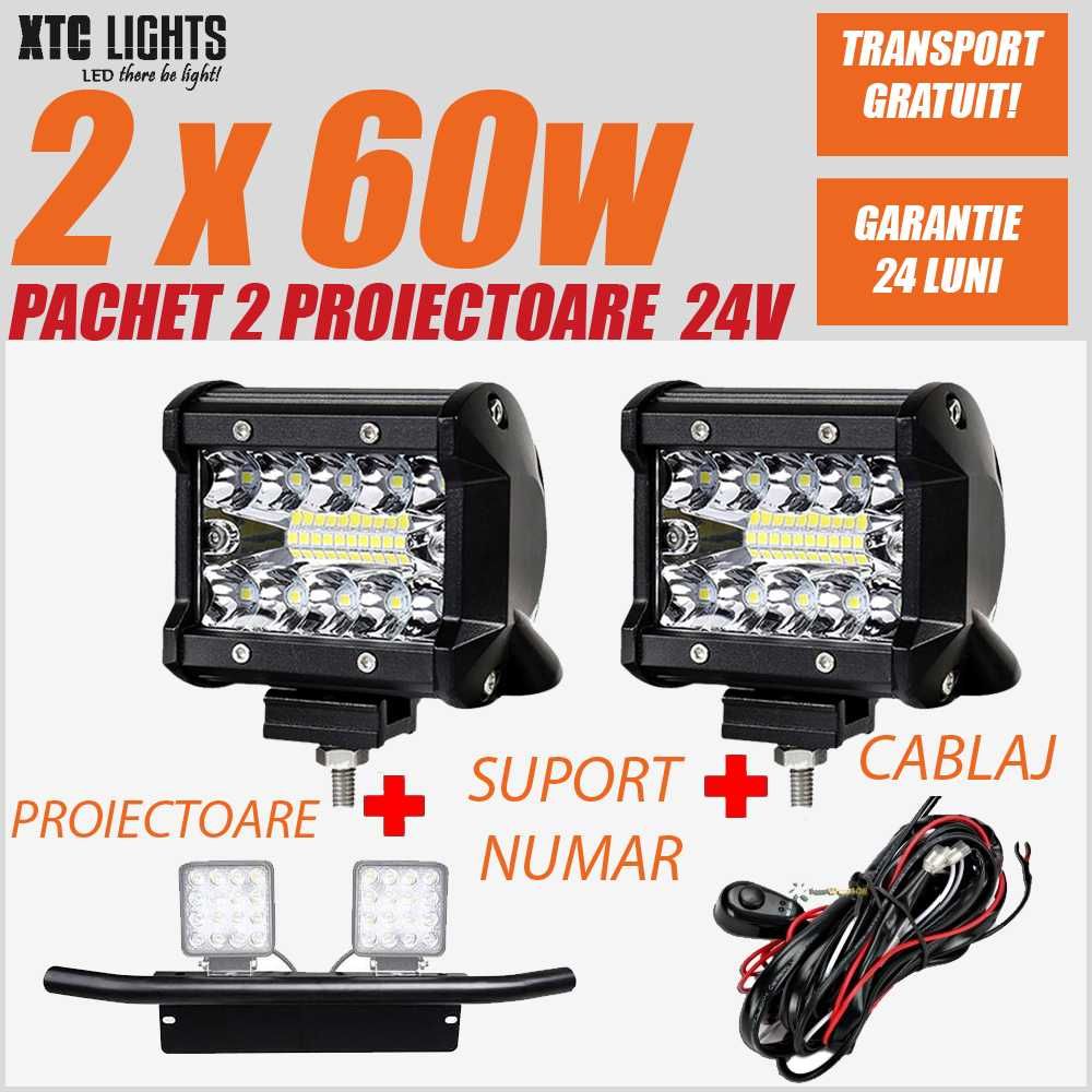 PACHET auto 2 x 60w proiectoare +suport numar+cablaj LIVRARE INCLUSA