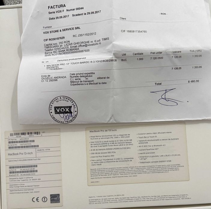 Apple MacBook Pro 13" 2017, 4 Thunderbolt, Touch bar, personal