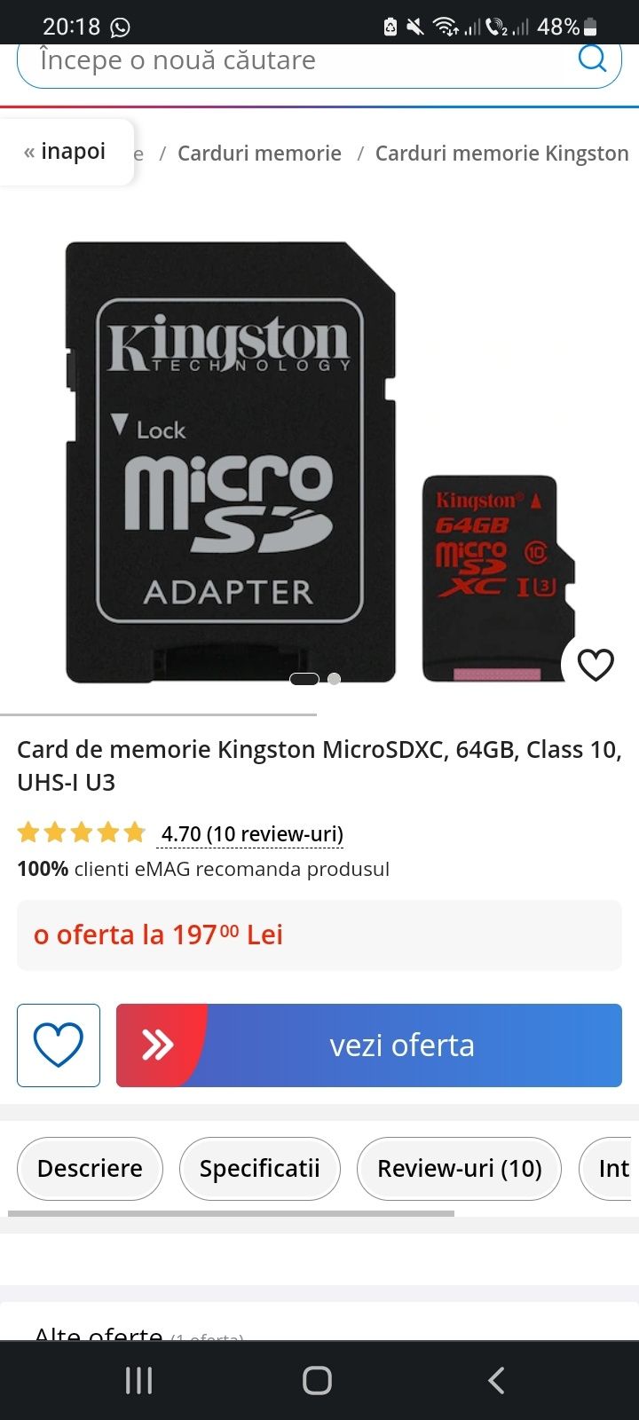 Card de memorie Kingston MicroSDXC, 64GB, Class 10, UHS-I U3