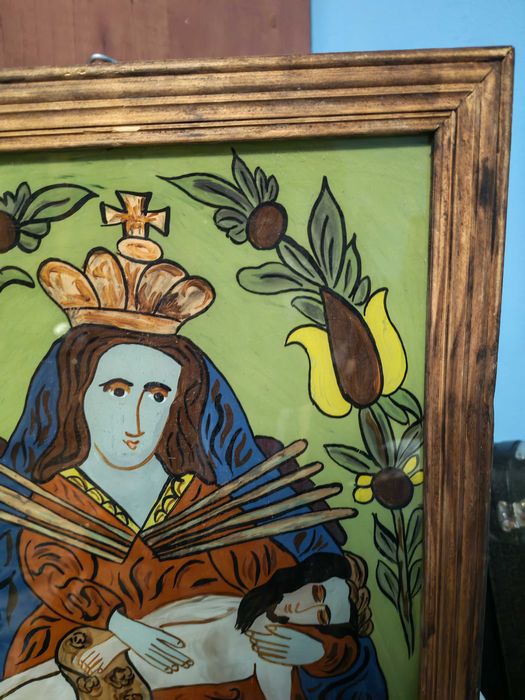 Icoana catolica poloneza veche, pictata pe sticla