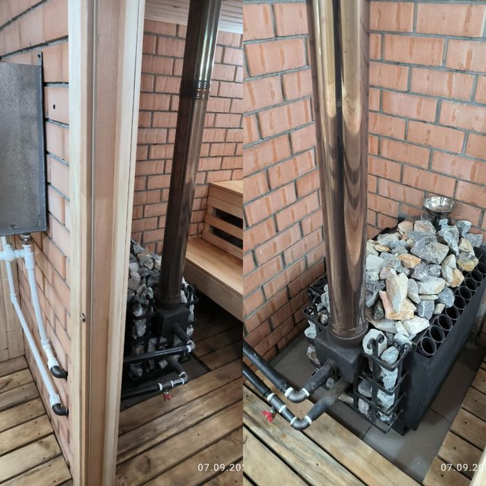 . Печь котёл для бани с ответвлениями дымохода
