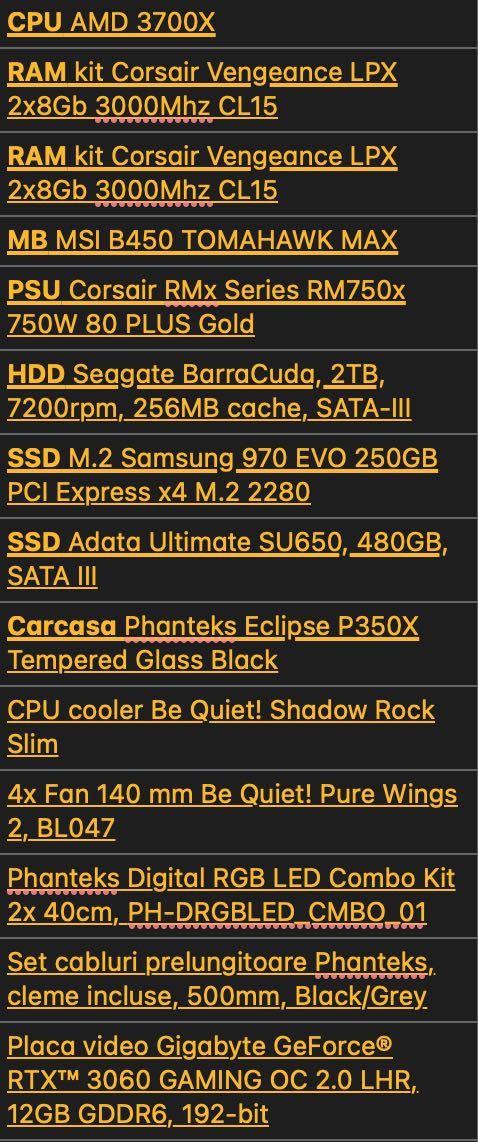 Calculator Gaming RTX 3060, 16GB RAM, HDD 2TB, SSD 250GB, SSD 480GB