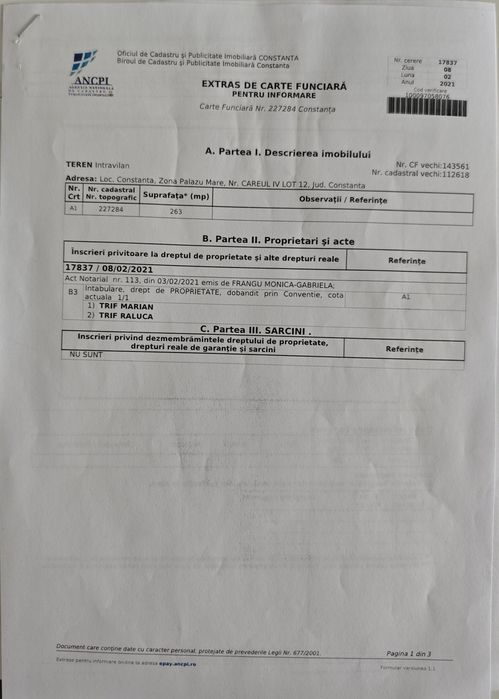 Oportunitate investiție , Teren intravilan Palazu mare careul 4