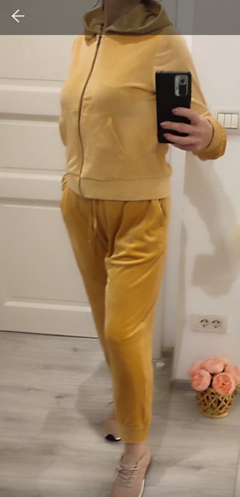 Trening gros din catifea fină, superb, 2 piese, galben auriu, S- M,