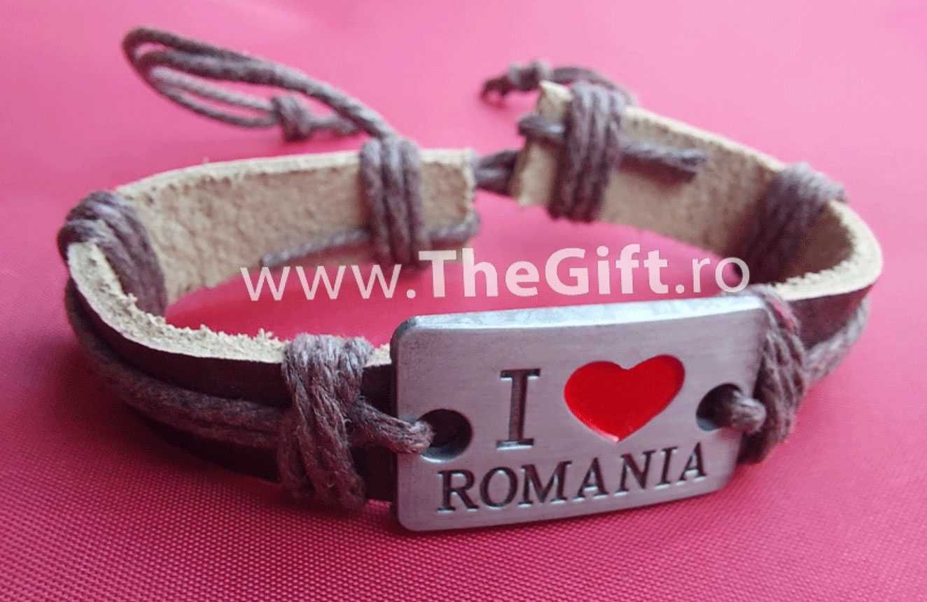 Bratara I love Romania, din piele si metal