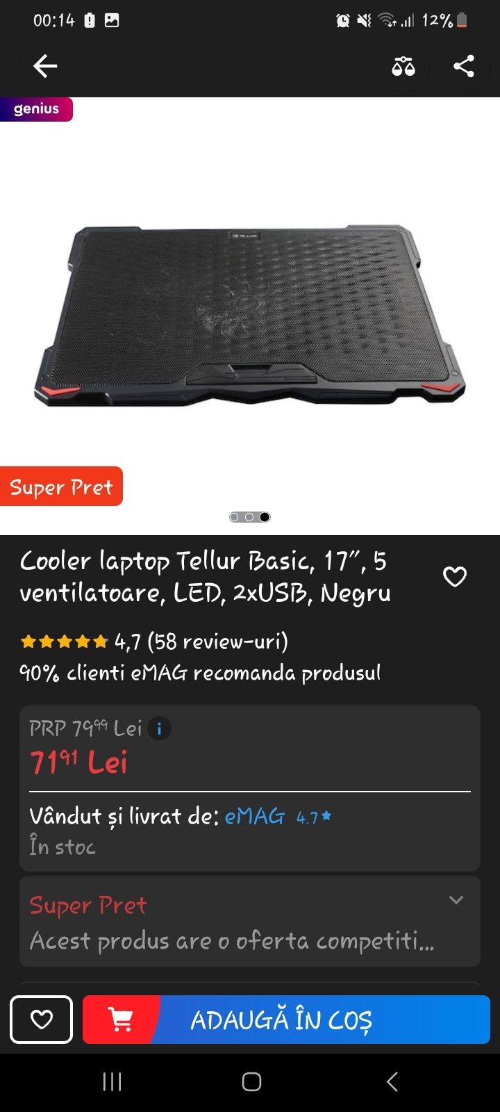 Cooler Laptop 17 " inch Tellur 5 ventilatoare silentios