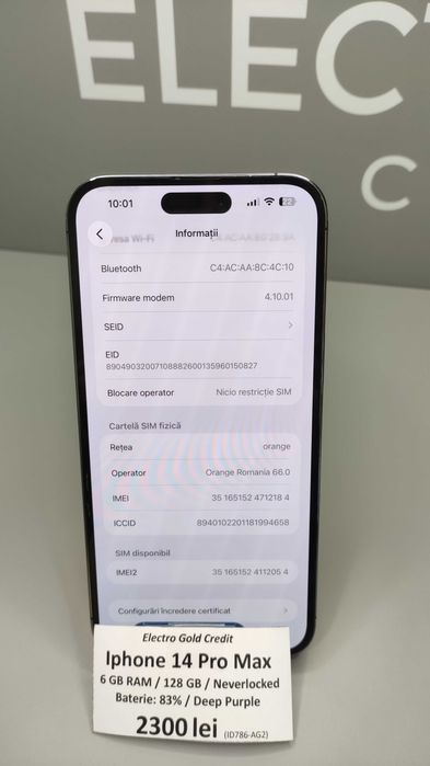 Iphone 14 Pro MAX 128GB Deep Purple/Neverlocked/Baterie:83% ID786-AG2