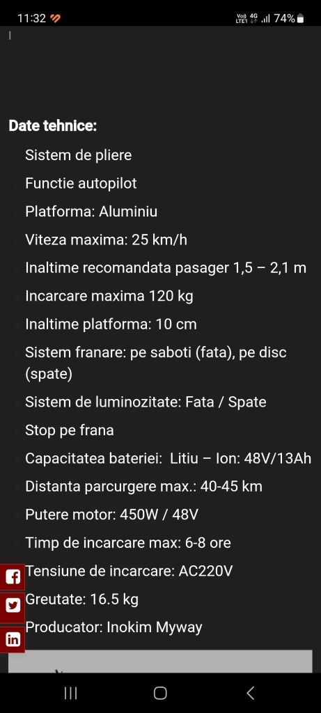 Trotineta electrica Inokim Myway ca noua