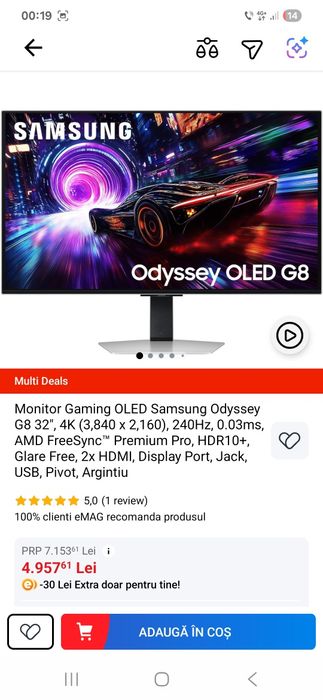 Monitor Gaming OLED Samsung Odyssey G8 32", 4K (3,840 x 2,160), 240Hz,
