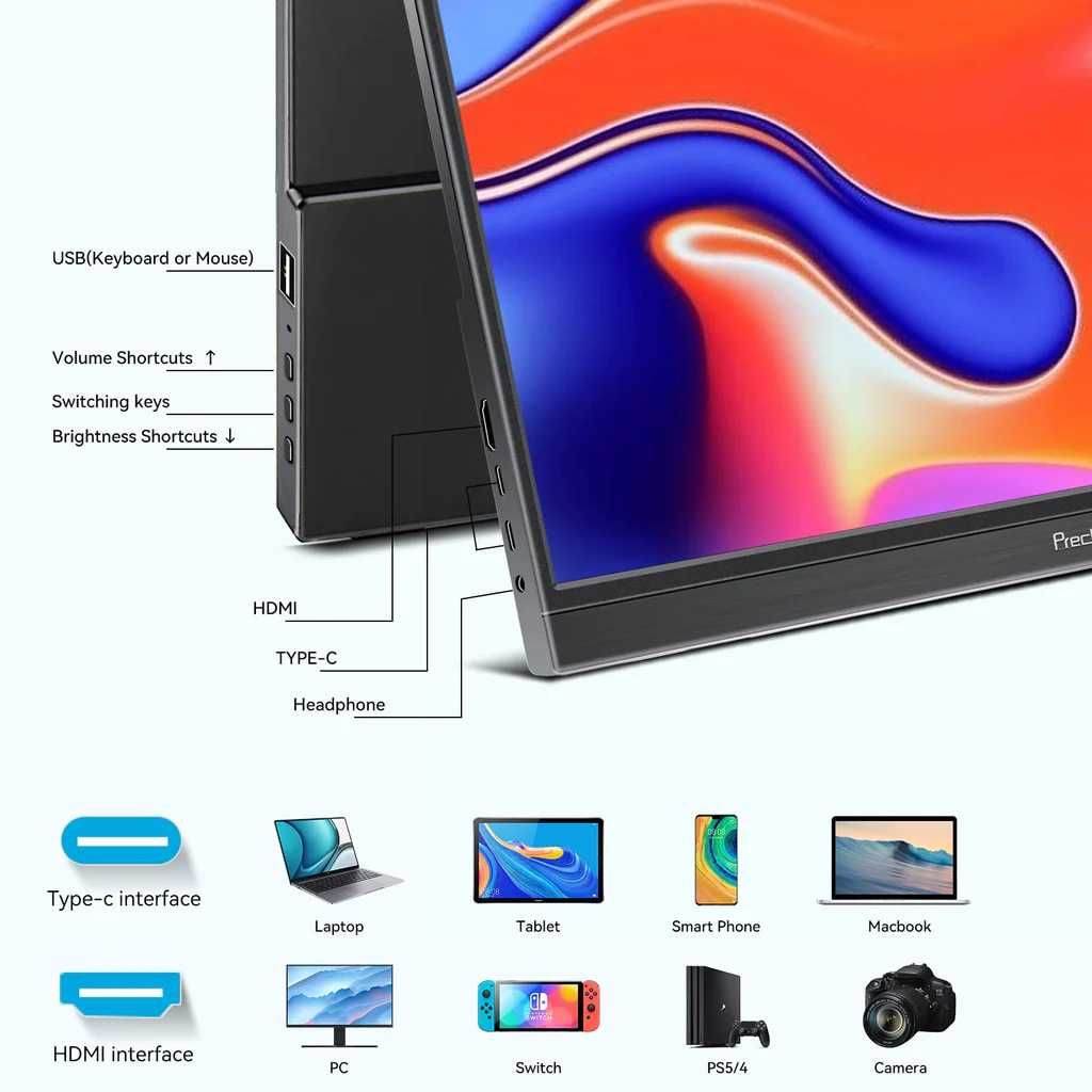 Monitor portabil IPS touchscreen 15.6", Full HD, cu USB-C, HDMI, AUX