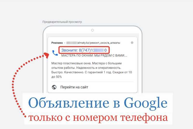 Реклама "ПОЗВОНИТЬ" в Гугл Google только с номером телефона.