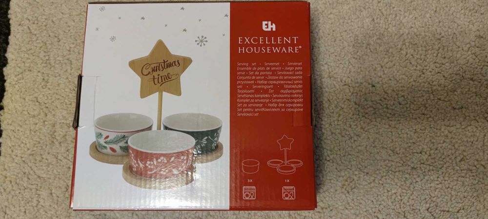 Set servire 4 piese platou bambus 3 boluri portelan Craciun sigilat