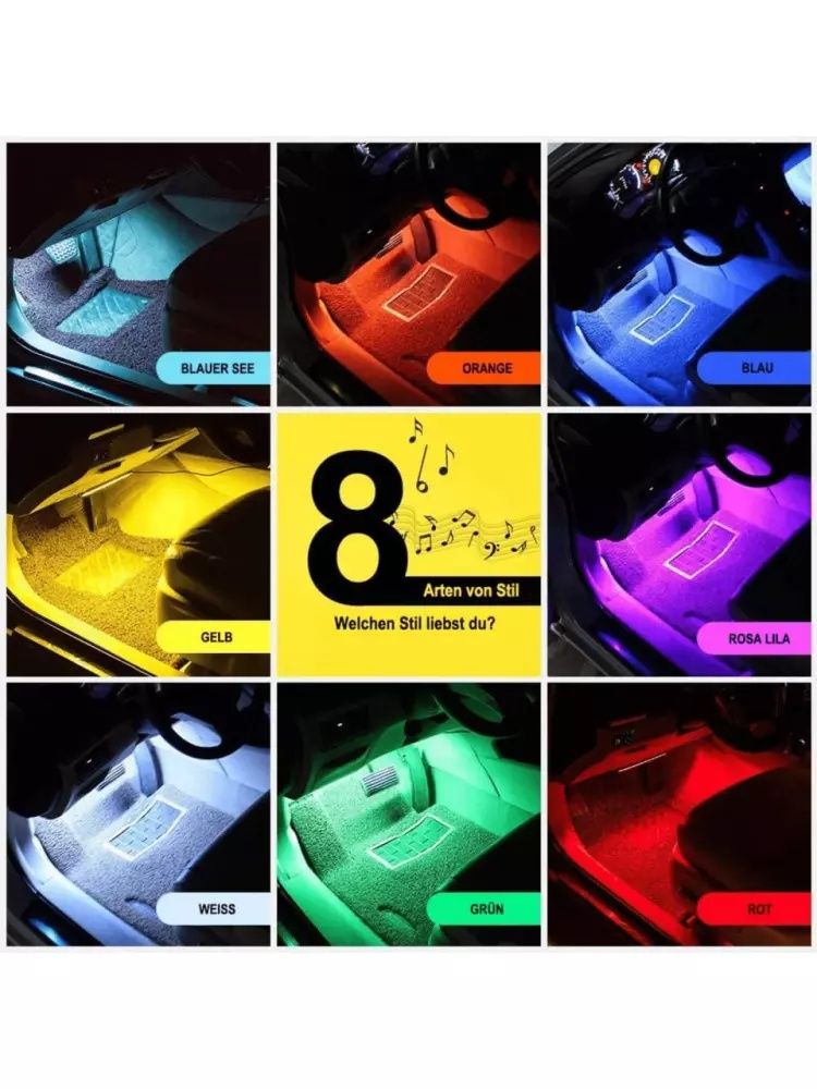 Avtomobil LED ichki yoritgichlari, 4 dona, 72 LED, ko'p rangli, musiqa