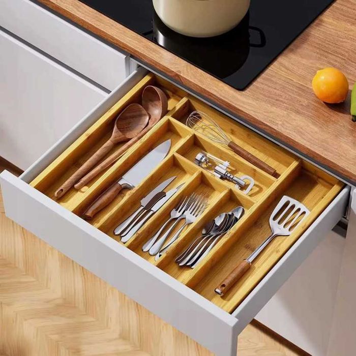 Кухненски бамбуков органайзер за прибори за чекмедже, разтегателен