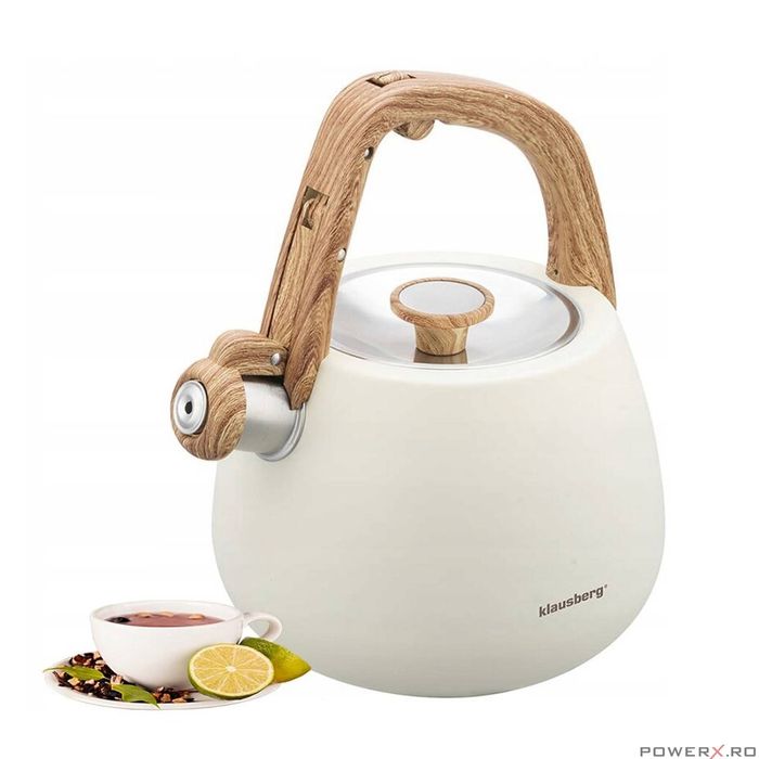 Ceainic, fierbator cu fluierat din otel inoxidabil, alb, cu maner din