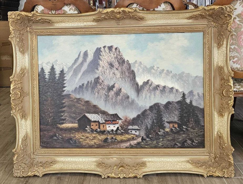 Tablou deosebit, pictat în ulei  reprezentând un peisaj montan alpin,