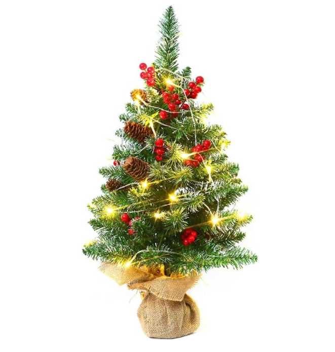 Brad artificial 40 cm, Lumini LED și 12 Globuri Roșii & Aurii