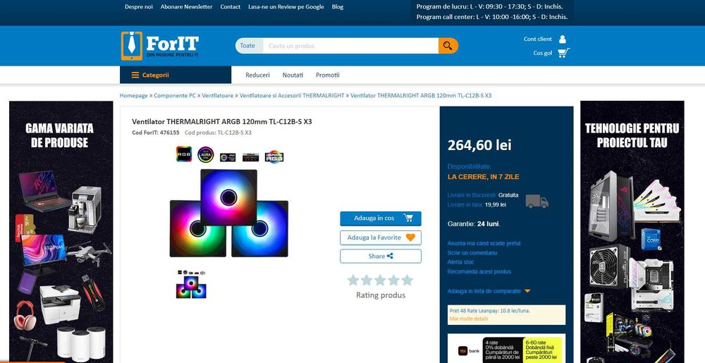 Ventilator PC Thermalright ARGB, Pac 3 Buc, 120MM, REDUS de la 270RON