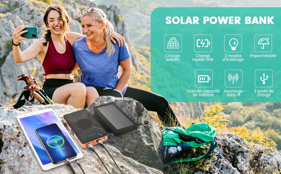 Соларна батерия преносимо безжично зарядно 26800 mAh PD 18 W + Qi 10 W