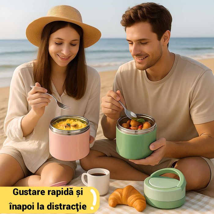 Caserola Termos pentru Mancare 630ml – Inox Premium Roz/Verde
