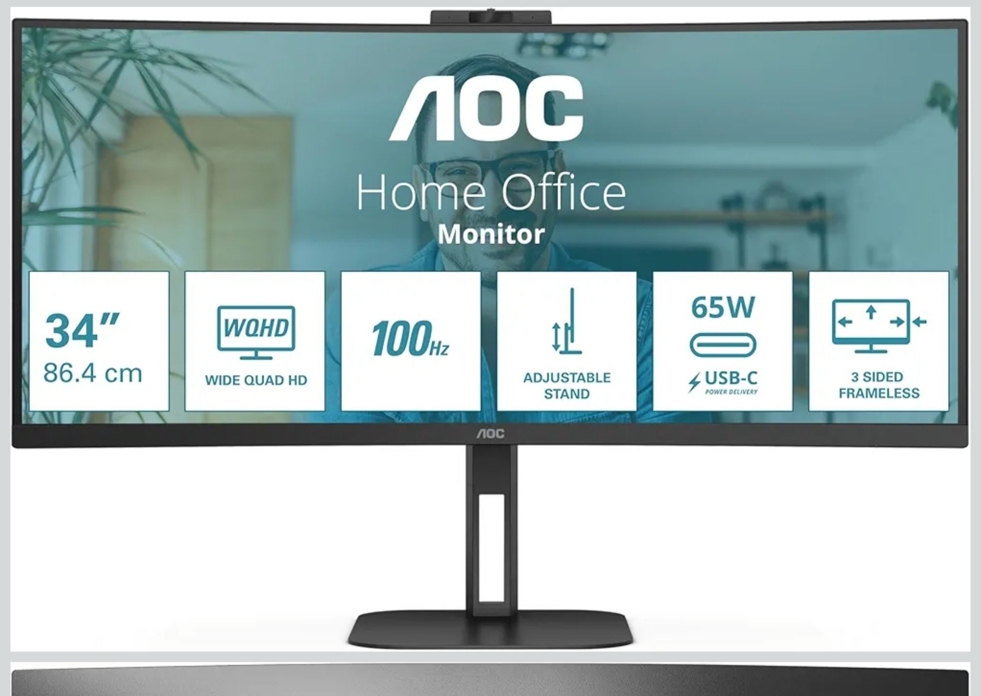 AOC CU34V5CW - 34 Inch WQHD Curved Monitor, 2 MP Webcam, Speaker,