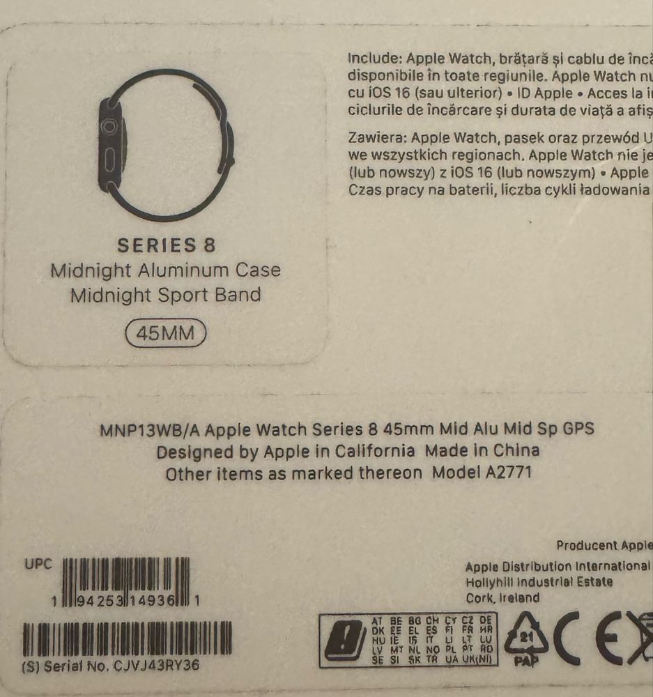Apple watch midnight aluminium case,seria 8,45 mm
