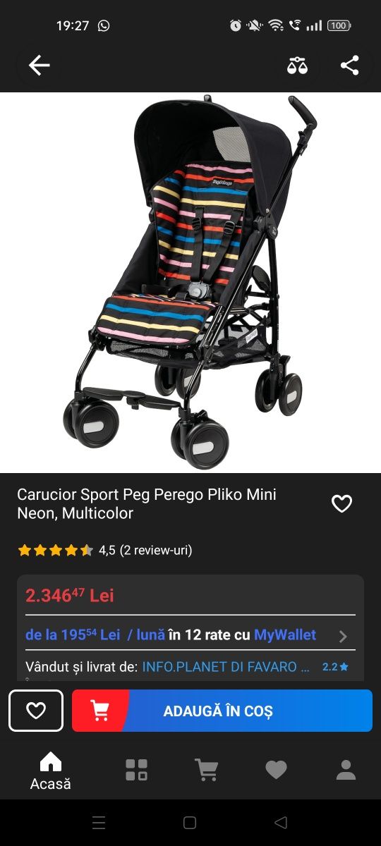 Carucior Sport Peg Perego Pliko Mini Neon, Multicolor