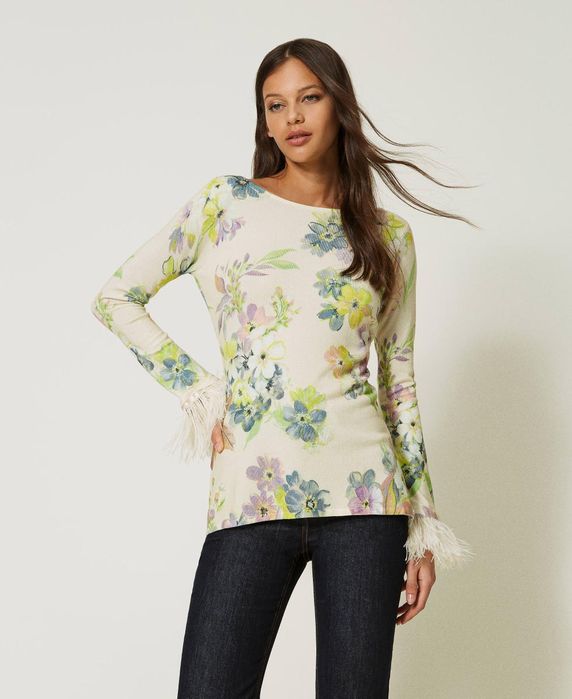 Флорален пуловер Twinset, с подвижни пера, размер L/XL,ново!