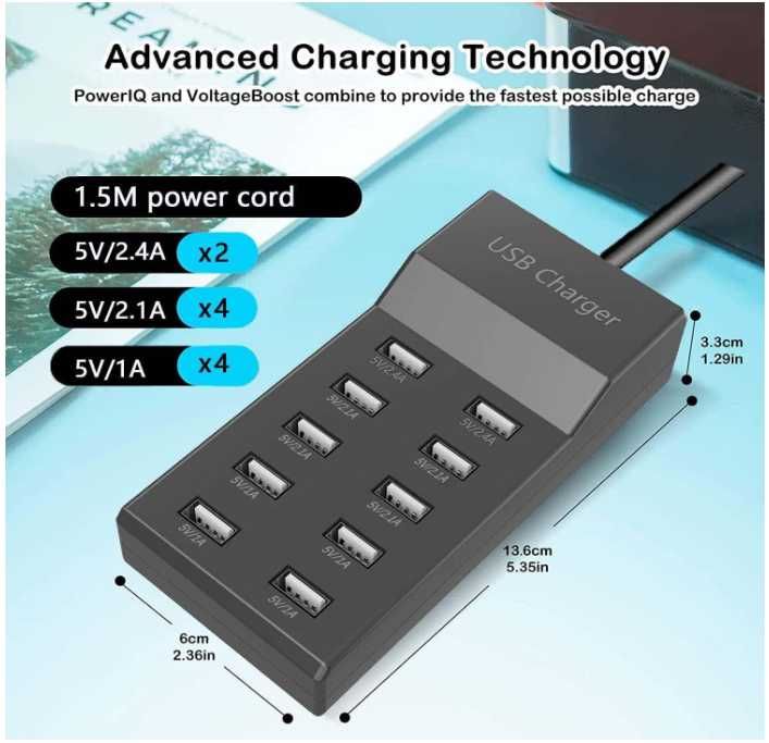 Statie de incarcare telefoane 2A, cu 10 Porturi Smart USB, 50W AMAZON