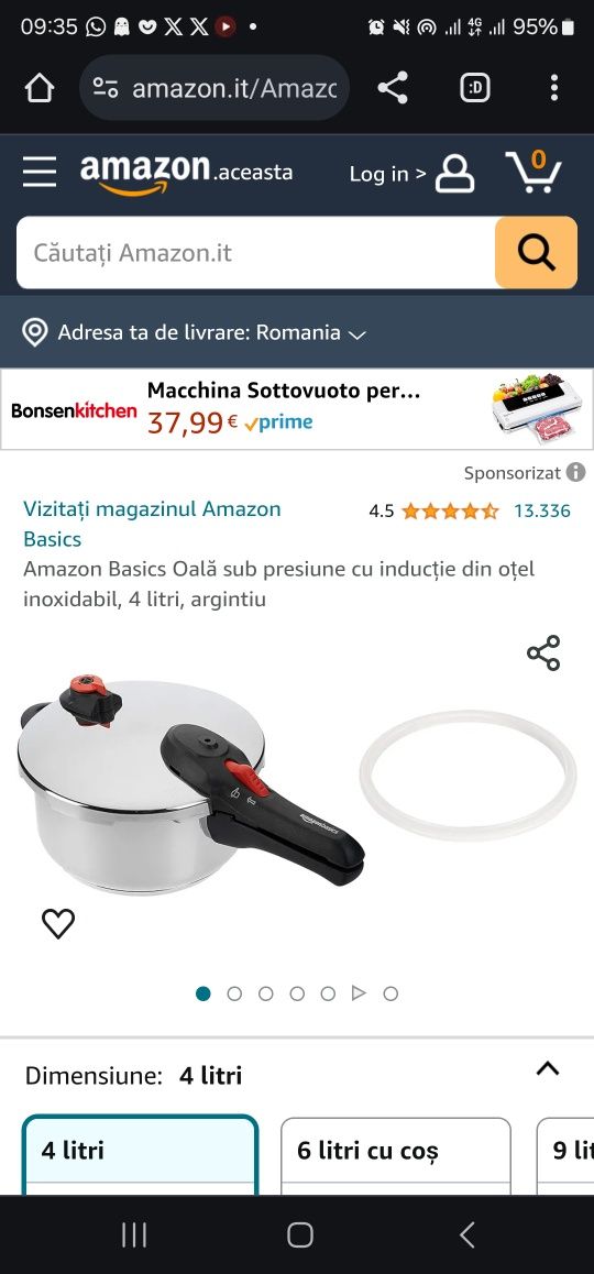 Amazon Basics Oală sub presiune cu inducție din oțel inoxidabil, 4 lit