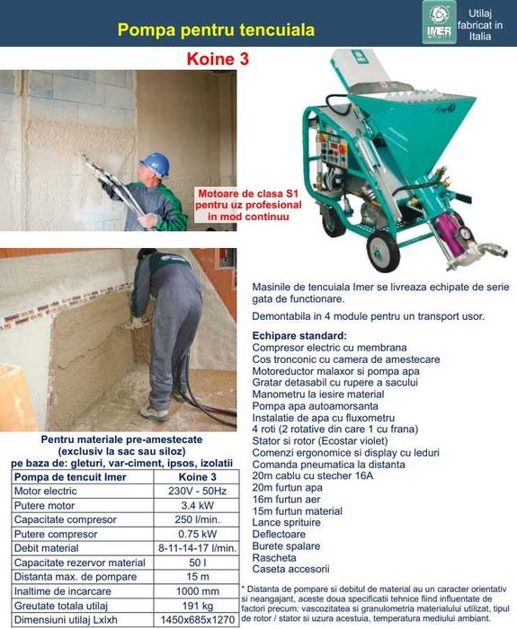 Mașină de tencuit Imer Koine 3 230V debit 8-11-14-17l/min+alte produse