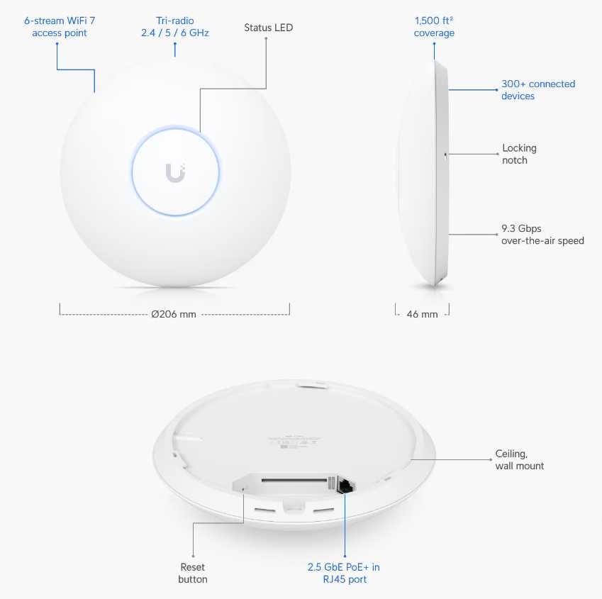 Access point Ubiquiti U7-PRO, Ceiling-mount WiFi 7, 6 GHz, 2.5 GbE