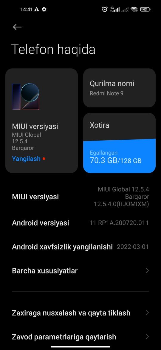 Redmi note 9. 4/128. Holati ideal. Bir qol Tel.