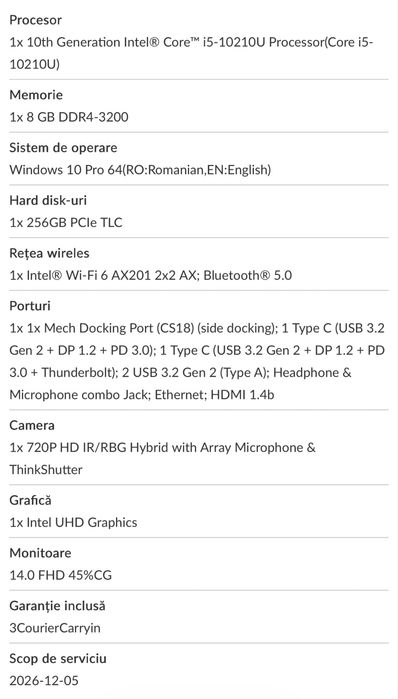 Laptop Lenovo ThinkPad T14 i5-10210U, 8GB DDR4, SSD 256 - IMPECABIL