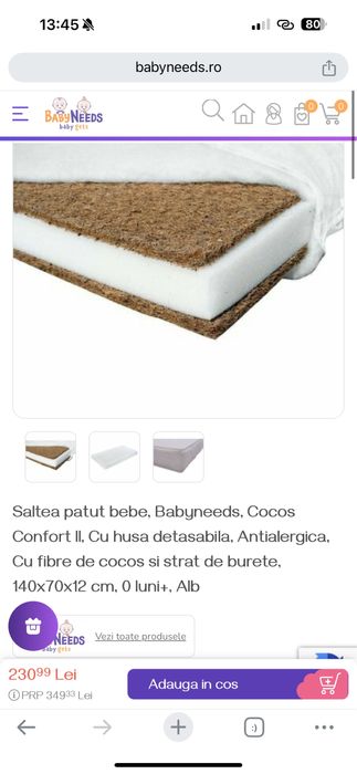 Vand pat copii 140*70 babyneeds si saltea cocos