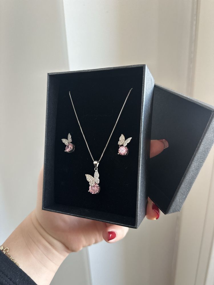 Set argint flururas cu piatra roz bianco nero