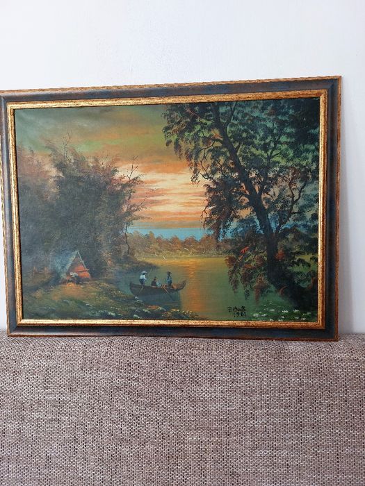 Apus de soare in Delta Dunarii, un tablou superb ulei pe panza, semnat