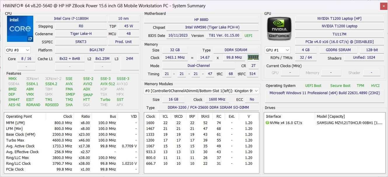 Продавам HP ZBook Power G8 i7-11800H/32GB DDR4/1TB SSD/NVIDIA T1200