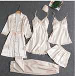 Set pijama dama satin 5 bucati, Marime S/M, culoare champagne