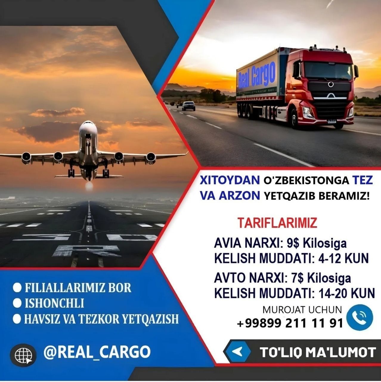 Xitoy O'zbekiston Kargo Avto 6.5$ Avia 9$
