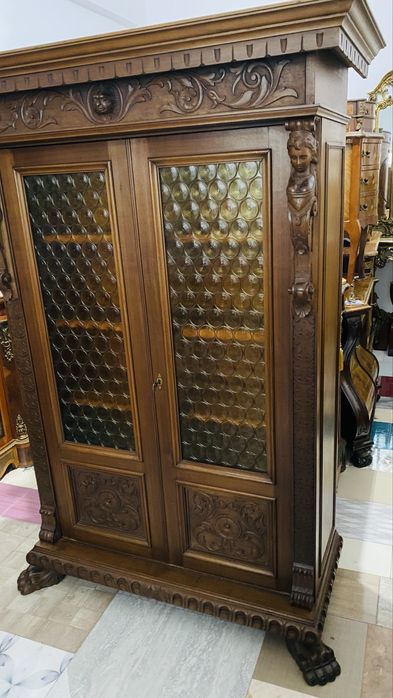 Biblioteca Dulap Lemn Vintage Sculpturi Picioare Gheare Leu