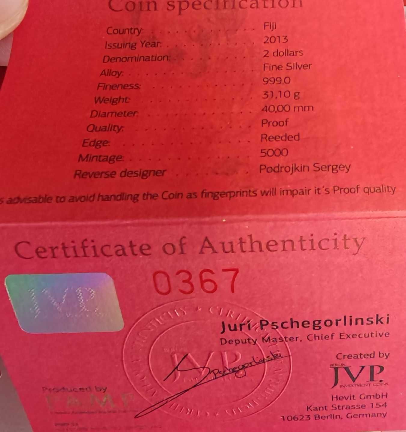 Сребърна монета 2 долара 2013 Фиджи - Английски булдог