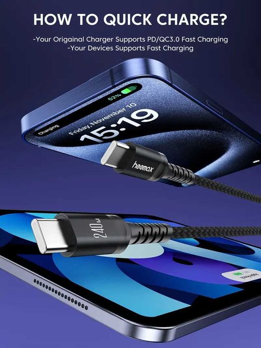 Кабел за бързо зареждане PD3.1 Мощност 240W/USB Type-C до USB-C 8K60Hz