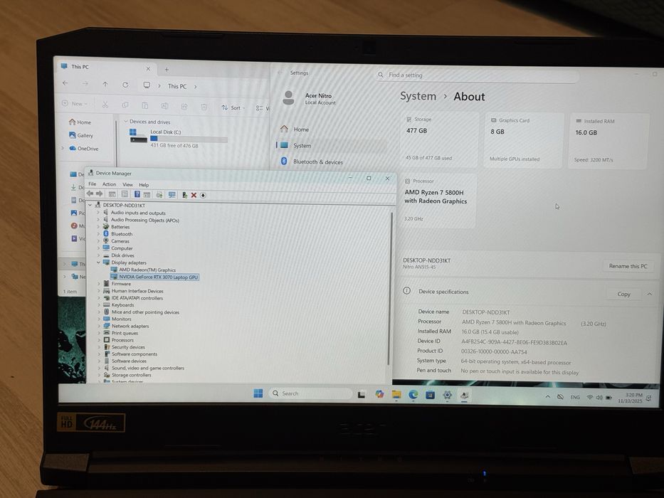 15.6’FHD IPS 144Hz/RTX 3070 8GB/Ryzen 7-5800H/Acer Nitro 5/16GB/512GB